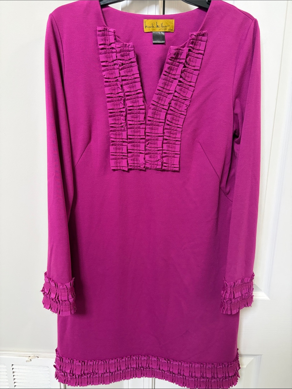 Nicole Miller Magenta Ruffle-Trim Shift Dress